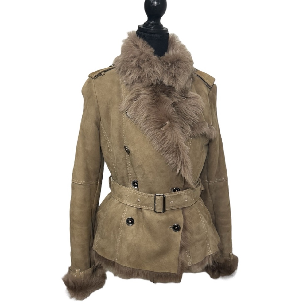 Burberry shearling trench coat in beige suede.